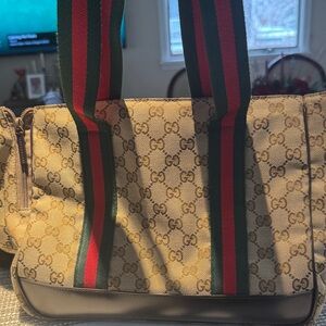 Gucci Beige and Brown Pet Carrier with Green and Red Straps